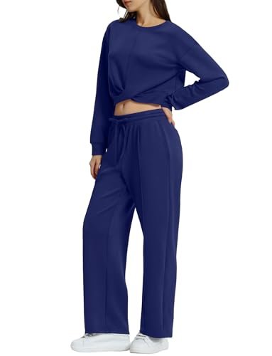 Cozy Women's Lounge Set with Twist Front Sweatshirt and Wide Leg Sweatpants