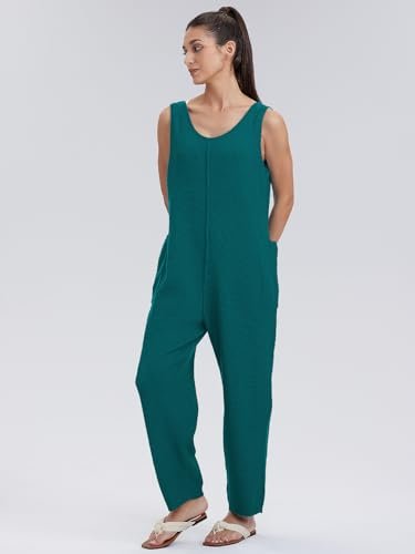 Casual Loose Knit Jumpsuit with Sleeves, V-Neck, and Pockets for Women