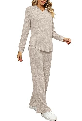 Women's 2-Piece Loungewear Set: Wide Leg Pants and V-Neck Pajama Top