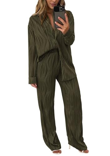 PRETTYGARDEN Women's Casual Fall 2-Piece Textured Outfit: Button-Down Shirt & Wide Leg Pants