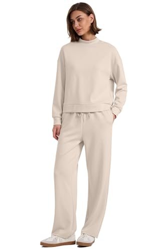 Casual Two Piece Sets for Women - Mock Neck Top and Wide Leg Pants