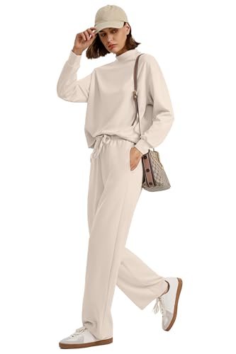 Casual Two Piece Sets for Women - Mock Neck Top and Wide Leg Pants