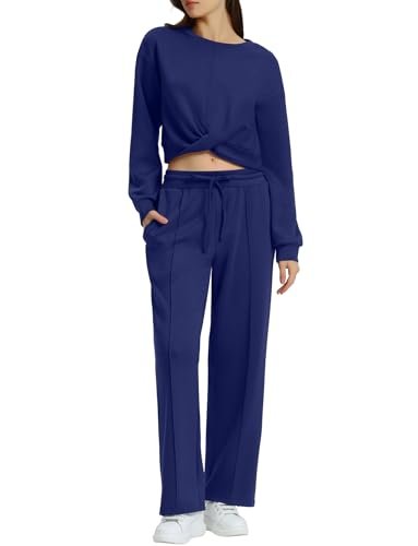Cozy Women's Lounge Set with Twist Front Sweatshirt and Wide Leg Sweatpants