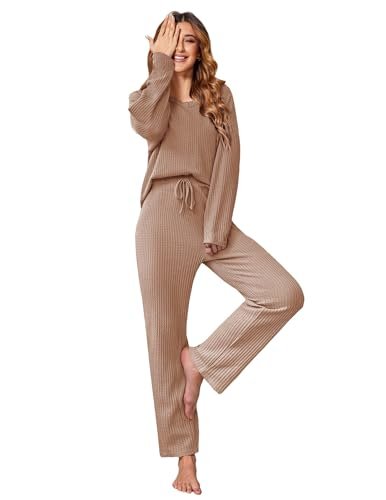 Ekouaer Women's Comfy Waffle Knit Pajama Set with Pockets
