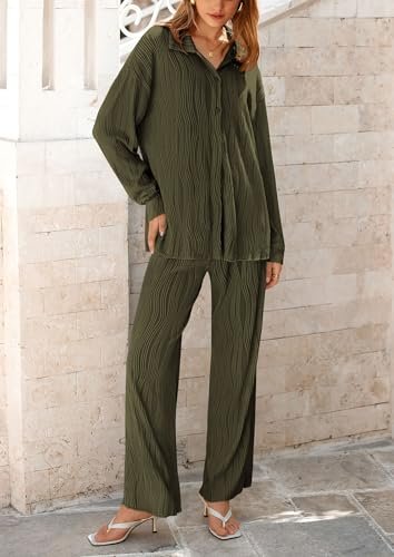 PRETTYGARDEN Women's Casual Fall 2-Piece Textured Outfit: Button-Down Shirt & Wide Leg Pants
