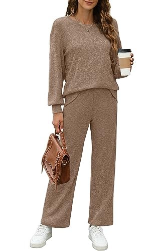 Trendy Women's Sweatsuit Set with Crewneck Top and Wide Leg Pants