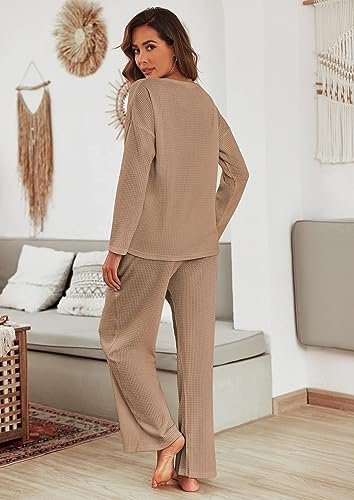 Ekouaer Women's Comfy Waffle Knit Pajama Set with Pockets