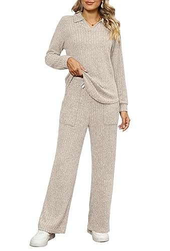 Women's 2-Piece Loungewear Set: Wide Leg Pants and V-Neck Pajama Top