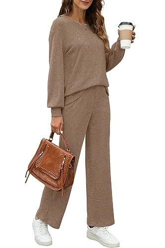 Trendy Women's Sweatsuit Set with Crewneck Top and Wide Leg Pants