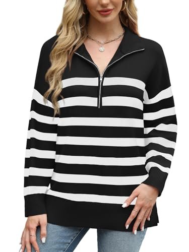 Casual Half Zip Striped Sweaters for Women